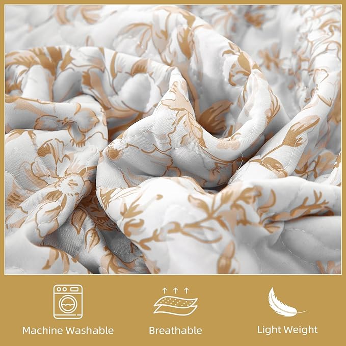 WONGS BEDDING Quilt Queen Size, Orange Quilt Bedding Set with 2 Pillowcases, Botanical Quilt for Queen Bed, Soft Microfiber Lightweight Coverlet Bedspread for All Season (96"×90", 3 Pieces)