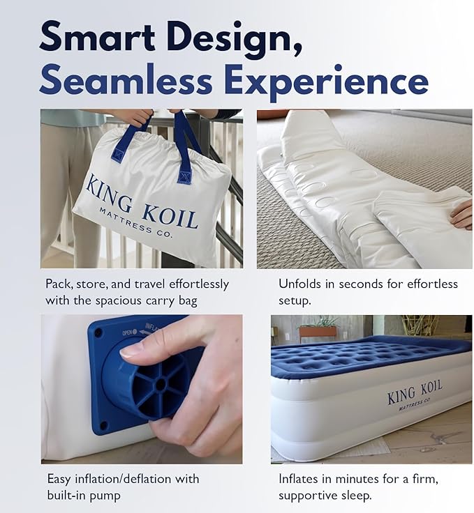King Koil Luxury Twin Air Mattress with Built-in Pillow Top & Integrated High-Speed Patented Pump – 20" Inflatable Twin Blow Up Airbed for Camping, Home & Guests, Waterproof, 1-Year Warranty