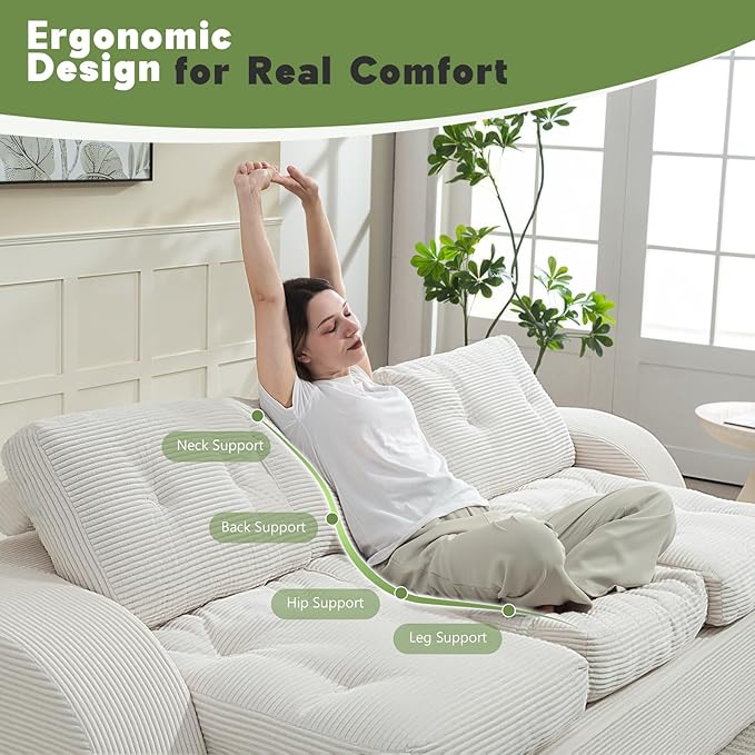 MeMoreCool Cloud Couch Boneless 3-Seater Sofa Bed – Beige Corduroy Convertible Floor Couch with Tufted Cushion, No Assembly Foldable Sleeper for Living Room, Apartment and Small Spaces
