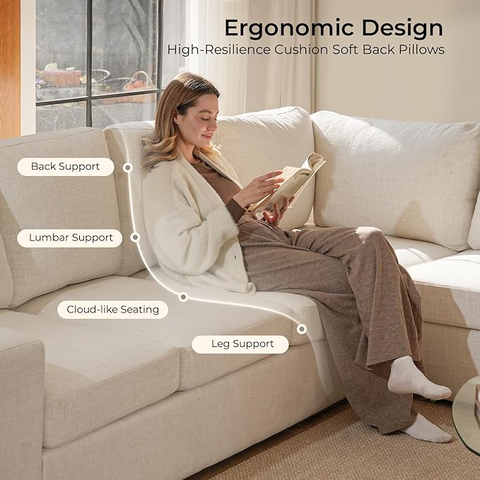 ELUCHANG 113" V-Shaped Modular Sectional Sofa Couch, Modern 4-Seat Comfy Linen Deep Seat Sofa with Corner, Removable Cover, Easy Assembly, Large Sofas & Couches for Living Room, Office, Beige | Spring Cushions, Easy to Clean, Deep Seat