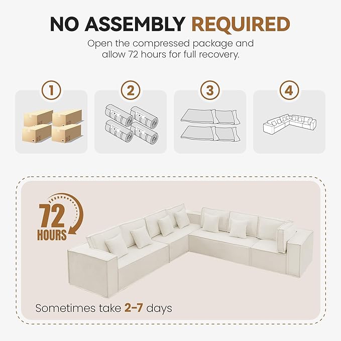 138'' Boneless Chenille L Shaped Couch, Oversized Modular Sectional 7 Seater Sofa, Modern Deep Seat Corner Cloud Compressed Couch, No Assembly Sleeper Sofa with Chaise for Living Room, Beige