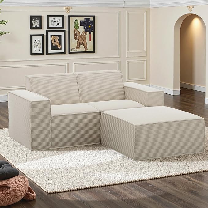 Cozy Castle 71" Loveseat Sofa, L Shaped Comfy Corduroy Boneless Couch with Deep Seat and Ottoman Chaise Cloud Sofa Upholstered Couches for Living Room Bedroom No Assembly Required (Beige)