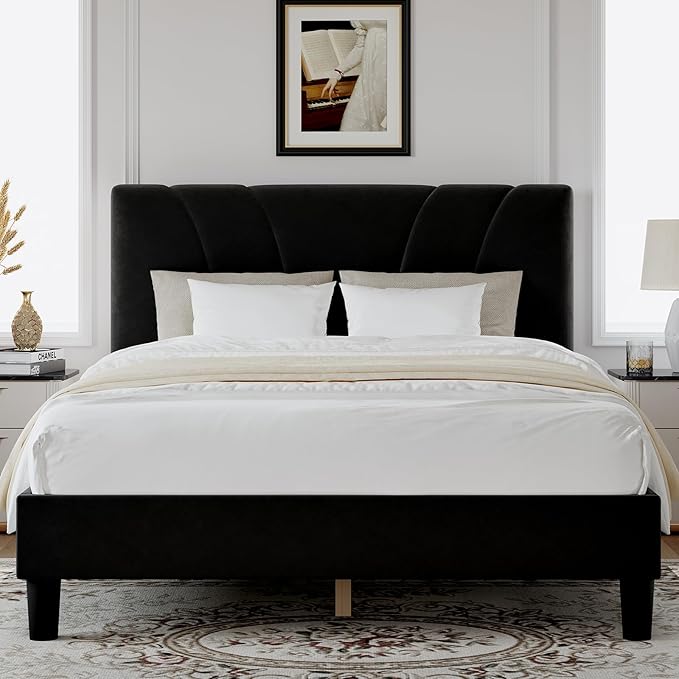 Novilla Full Size Bed Frame with Headboard, Full Bed Frame with Wooden Slats Support, Velvet Upholstered Headboard, No Box Spring Needed, Heavy Duty Feet, Easy Assembly, Black Velvet