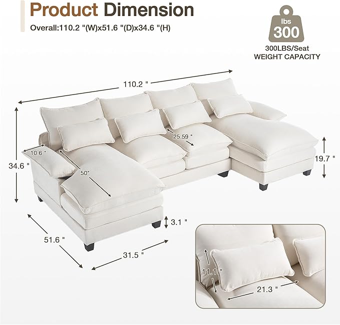 110.2" Modular U Shaped Cloud Couch, Modern 4-Seat Chenille Upholstery Sectional Sofa with Double Chaise & Double Layer Cushions, Deep Seat Comfy Couch for Living Room, Bedroom, Apartment, Beige