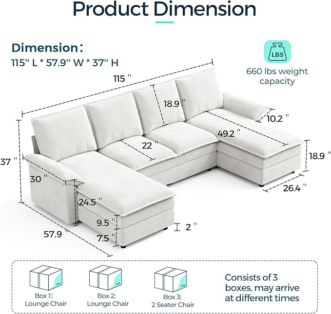 LINSY HOME U Shaped Cloud Couches, 115" Modular Sectional Sofa with Double Chaise, Chenille 4 Seater Sofa Set for Living Room, Apartment, Office, Beige