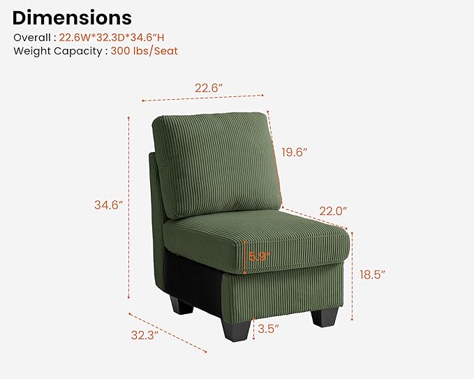 CHIC HOUSE Modular Sectional Sofa with Storage Ottomans, Corduroy Cloud Couch for Small Spaces & Apartments, Reconfigurable L/U Shaped Convertible Corner Sofa, Green, Single Seater