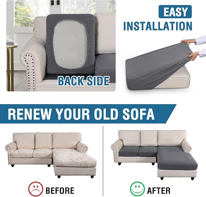 H.VERSAILTEX Sectional Couch Covers 3 Pieces Sofa Seat Cushion Covers L Shape Separate Cushion Couch Chaise Cover for Both Left/Right Sectional Couch (Seat Only: 1 Chaise + 2 Sofa, Grey)