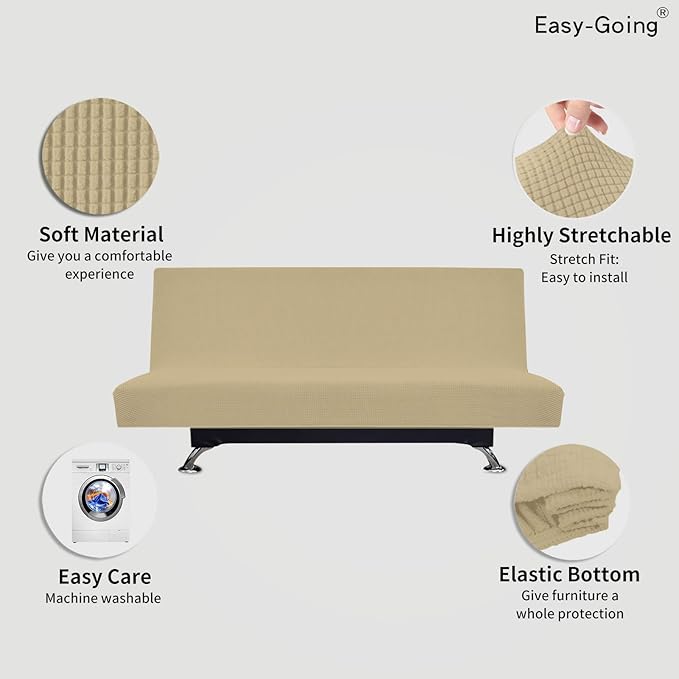 Easy-Going Stretch Futon Slipcover Armless Futon Bed Cover Furniture Protector Without Armrests with Elastic Bottom for Kids, Soft Jacquard Fabric Small Checks (Large, Beige)