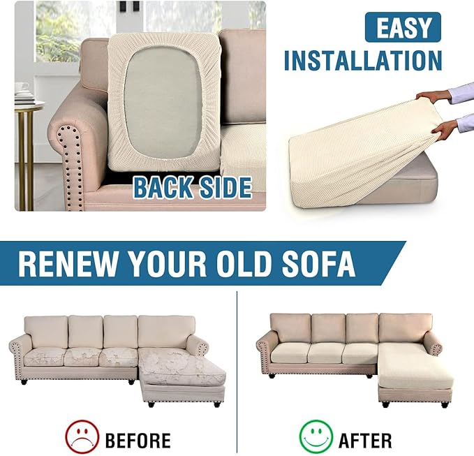H.VERSAILTEX Sectional Couch Covers 4 Pieces Sofa Seat Cushion Covers L Shape Separate Cushion Couch Chaise Cover for Both Left/Right Sectional Couch (Seat Only: 1 Chaise + 3 Sofa, Cream)