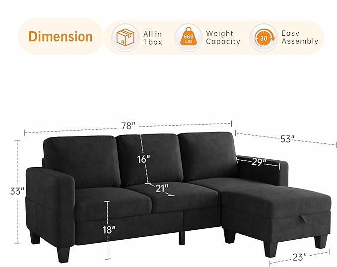 Sectional Sofa and Couches for Living Room, 78'' Black 3 Seat L-Shaped Couch with Movable Ottoman, Comfy Velvet Convertible Sectionals Sofas with Chaise for Apartment, Dorm, Small Space