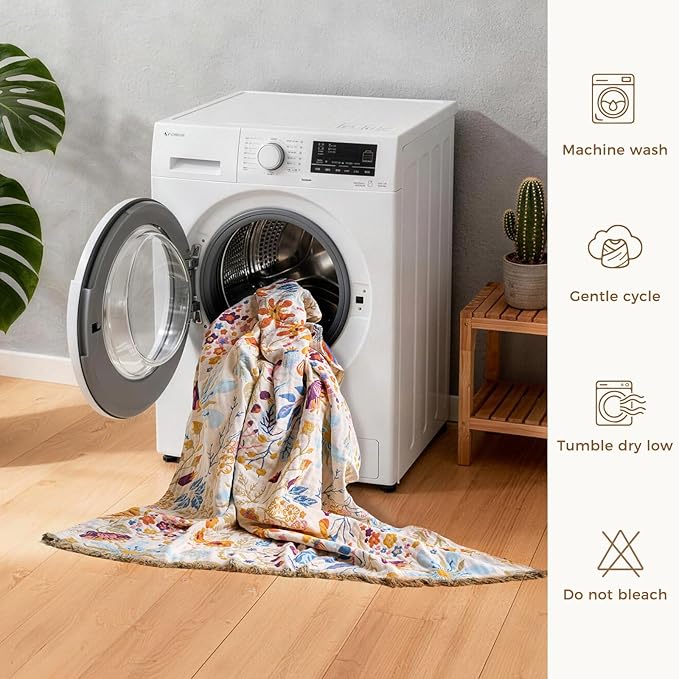LUTBM Boho Throw Blanket with Florals & Leaves Embroidery Reversible Lightweight Cotton Gauze Throws for Couch,Bed,Sofa & Chair Decor - Bohemian Living Room Accent Gift 60"x80"