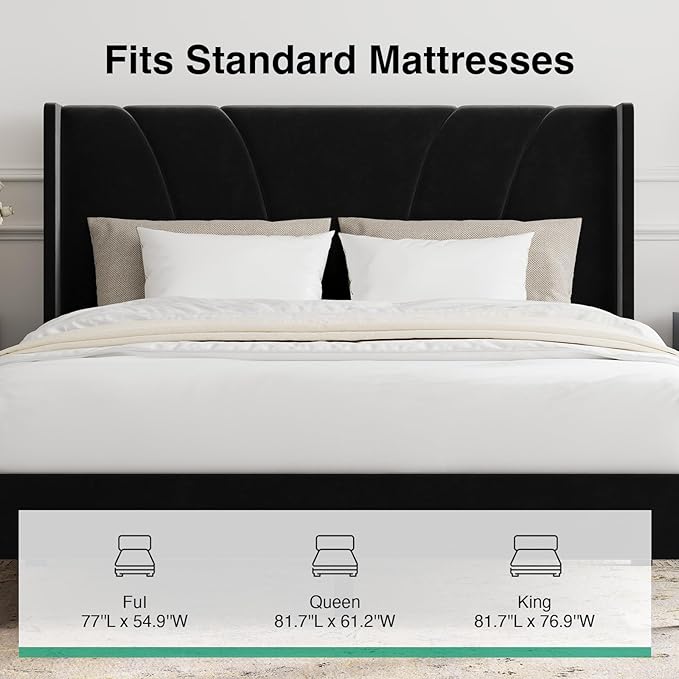 Novilla Full Size Bed Frame, Full Bed Frame with Headboard, Velvet Upholstered Wing Side Headboard, No Box Spring Needed, Heavy Duty Feet, Easy Assembly, Black Velvet