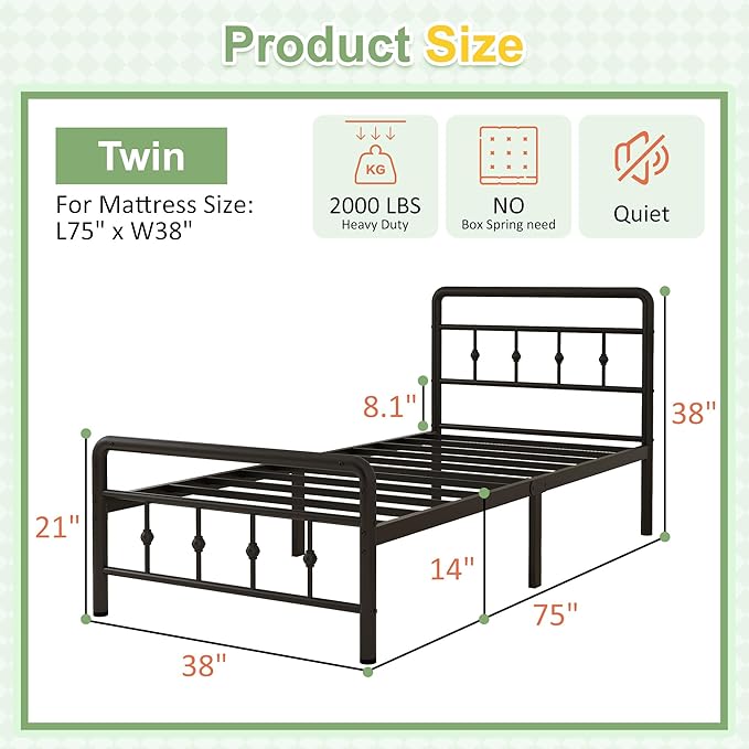 Richwanone 14 inch Twin Bed Frame with Headboard and Footboard, Heavy Duty Metal Bed Frame Victorian Style, No Box Spring Needed, Easy Assembly, Black