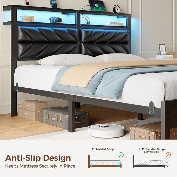 Seventable Queen Bed Frame with Charging Station & LED Lights, Upholstered Headboard with 2-Tier Storage Shelves, Metal Platform with Under Bed Storage, No Box Spring Needed, Easy Assembly, Black