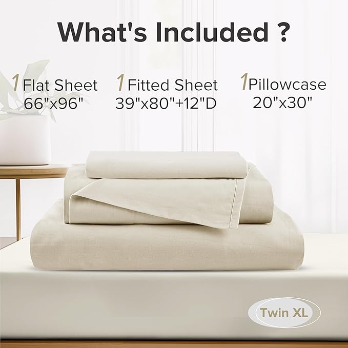 Comfort Spaces 100% Cotton Sheets Twin XL, Breathable & Ultra Soft Cotton Sheets, Naturally Cool Cotton Bed Sheets with 12" Elastic Pocket Fits up to 14" Mattress, All Seasons Sheet Set, Cream 3 Piece