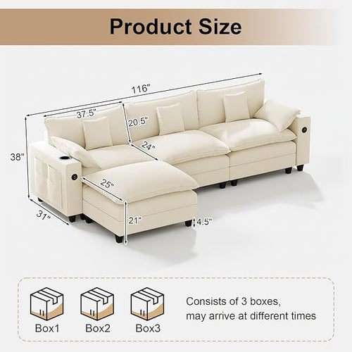 116" Modular Sectional Sofa, L Shaped Cloud Couch with Movable Ottoman, Chenille Deep Seat Cloud Sofa with Charging Station, Cup Holder, Side Pocket, Sectional Couches for Living Room, Beige