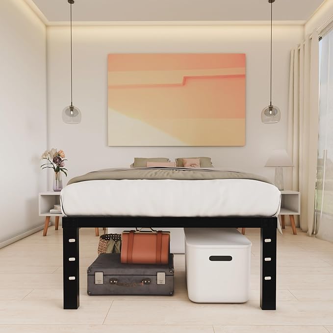 14 Inch Metal Twin XL Bed Frame No Box Spring Needed - Easy Assembly Heavy Duty Noise Free Narrow Bedframes - Single Black Basic Steel Slats Platform with Storage