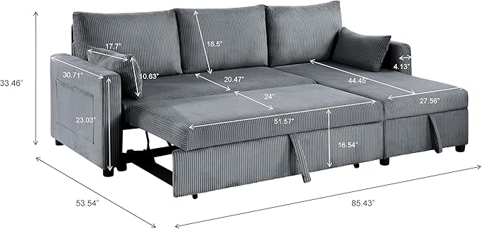 Sectional Sleeper Sofa with Pull Out Bed, LShape Convertible Sofa Bed Couch with Storage Chaise, 3 in 1 Pull Out Sofa Bed with 3 Seats, for Living Room,Apartment, Gray, 85Inch