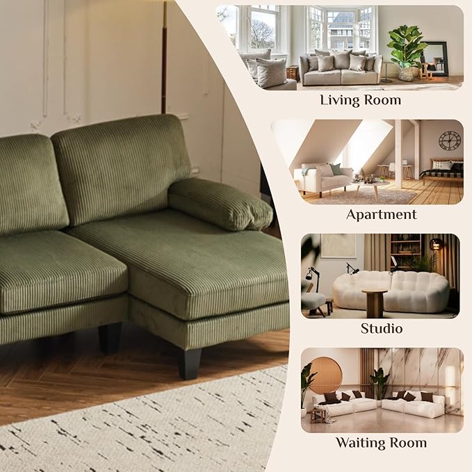 Karl home U-Shape Sectional Sofa Couch 111" Modern 4-Seat Sofa with Chaises Corduroy Fabric Upholstered Covertible Couch with Wood Grain Legs for Living Room, Reception Room, Apartment, Green
