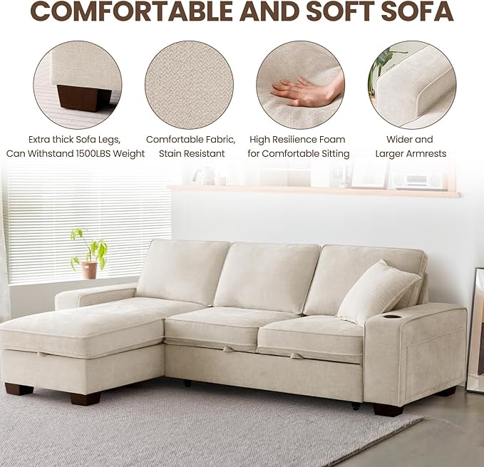 ASHOMELI 99" Convertible Sleeper Sofa Bed,L Shaped with Storage Chaise Pull Out Couch for Living Room,USB and Type-C,Removable Washable Chenille Covers (Beige)