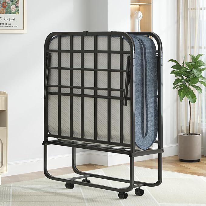 Mjkone Rollaway Bed with Mattress, 5 Inch Folding Bed for Adults, Fold Up Beds with Lockable Wheels, Sturdy Metal Fold Away Frame for Bedroom/Guest, Space Saving（75" x 38"）