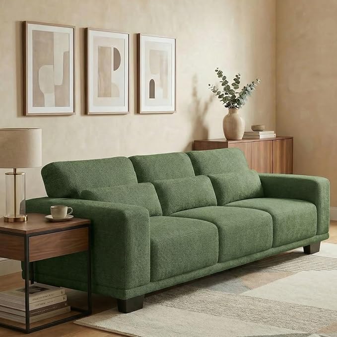 Marsail 89" Couch, 3-Seater Modern Sofa with Deep Seats, Comfy Upholstered Linen Sofas for Living Room, Apartment, Green
