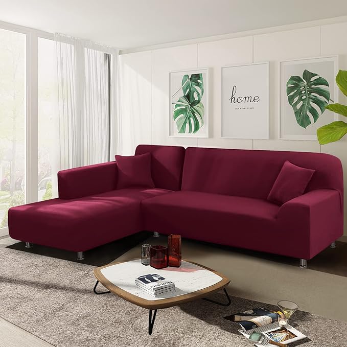 NAISI Couch Cover L Shape 2 Pieces Sofa Cover Soft Stretch Slipcovers with 2pcs Pillowcases Furniture Protector Sectional Couch Covers 3 Seater + 3 Seater(Burgundy)