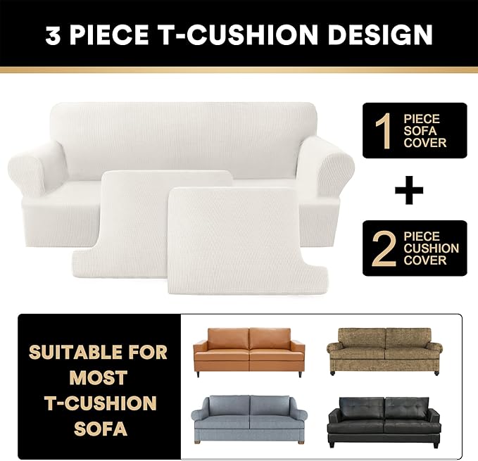PrinceDeco T Cushion Loveseat Slipcover - 3 Pieces Sofa Cover for 2 Cushion Couch with 2 Individual T Shape Seat Covers Width Up to 76 Inch - Stretch, Machine Washable, Porcelain