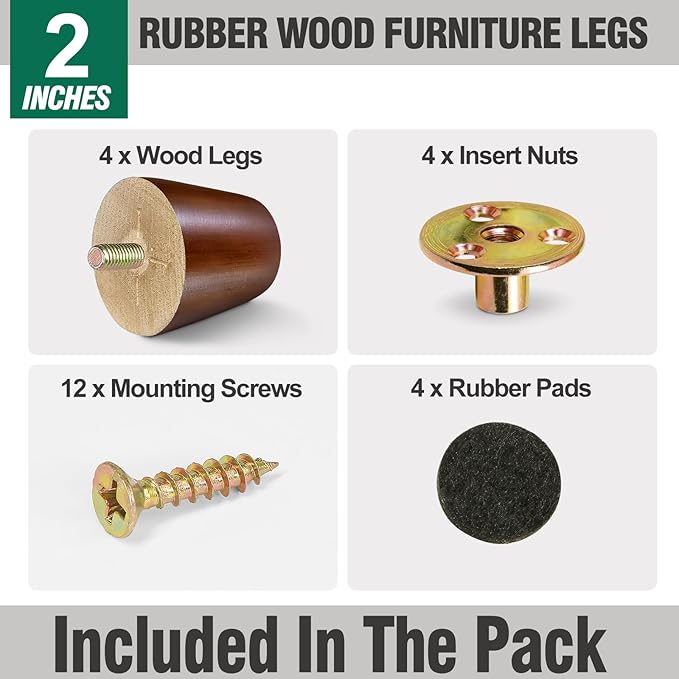 FoDau770 Brown Rubber Wood Furniture Legs 2 Inches, Straight Tapered Wood Feet Mid Century Sofa Legs Set of 4, 5/16" UNC Furniture Feet for Cabinet Couch Dresser Chair Ottoman Table