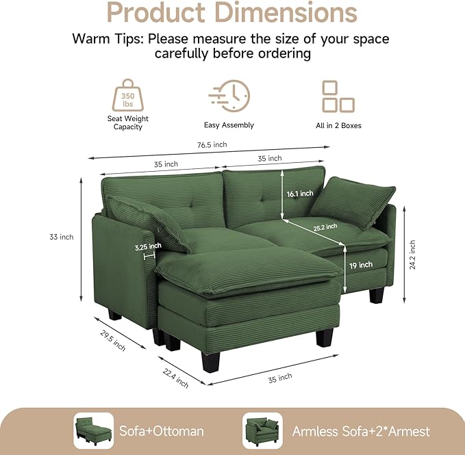 Modular Sectional Sofa, 76.5" L-Shaped Corduroy Comfy Sectional Couches for Living Room, 2-Seater Cloud Couches with 1 Movable Ottoman, Flexible Combination Modern Deep Seat Sofa (Green)