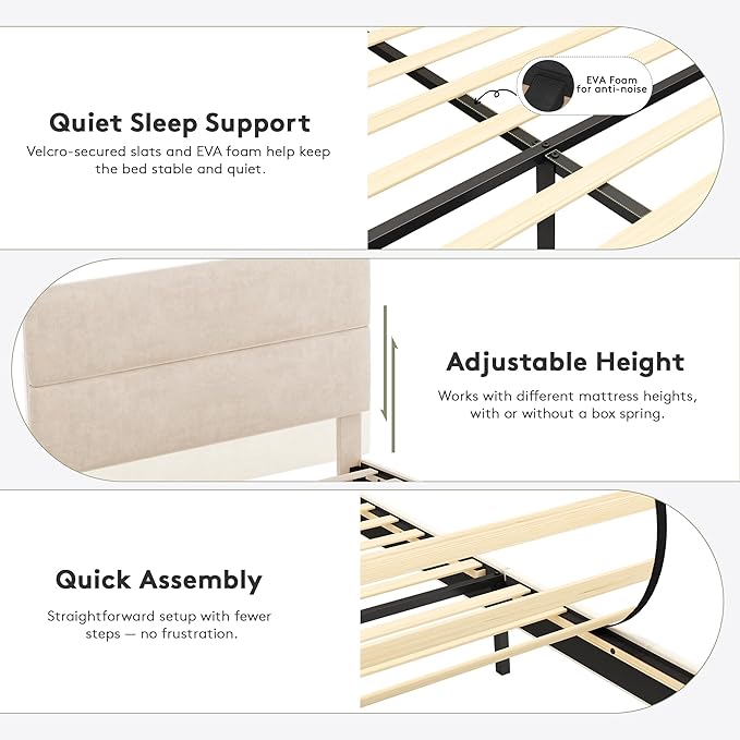 GRUSIGN Queen Size Platform Bed Frame with Velvet Headboard, Adjustable Height Wooden Slats Support, Upholstered Mattress Foundation, Fits Mattress or Mattress with Box Spring, Easy Assembly, Beige