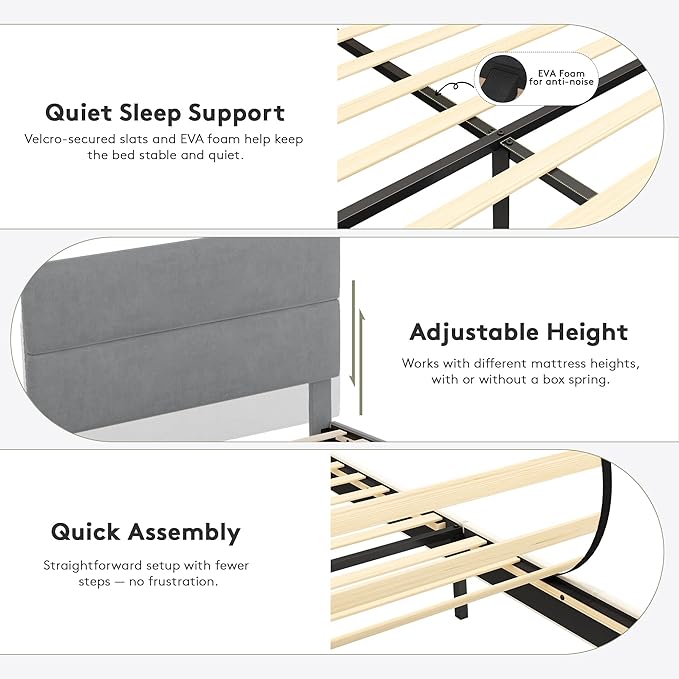 GRUSIGN Queen Size Platform Bed Frame with Velvet Headboard, Adjustable Height Wooden Slats Support, Upholstered Mattress Foundation, Fits Mattress or Mattress with Box Spring, Easy Assembly, Grey