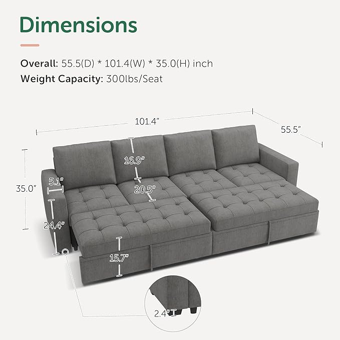 HONBAY Modular Sectional Sleeper Sofa with Pull Out Couch Bed, Convertible Sectional Couches for Living Room,Warm Grey