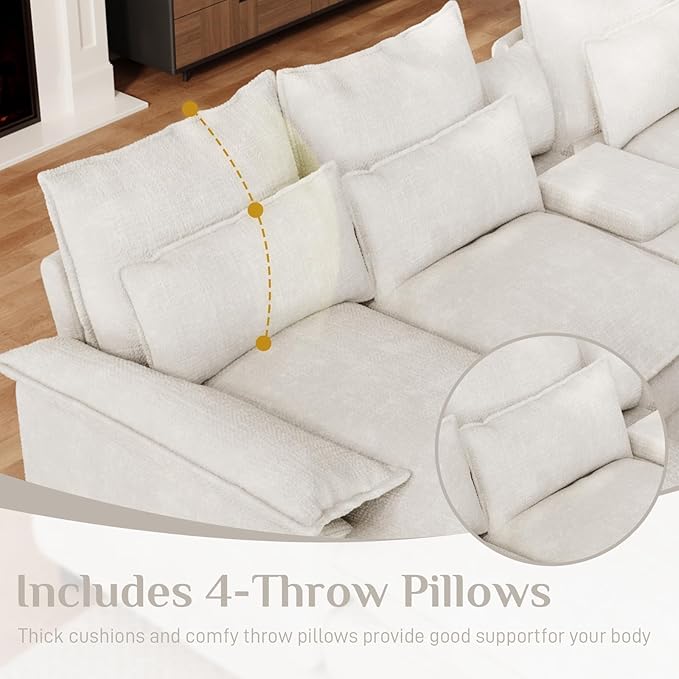 135" U Shaped Cloud Couch Sectional Modular Sectional Couches for Living Room Oversized Comfy Chenille Sofa Cloud Couch Set with Storage Central Console, USB Ports, Chaise Lounge, Ottoman, Cream White