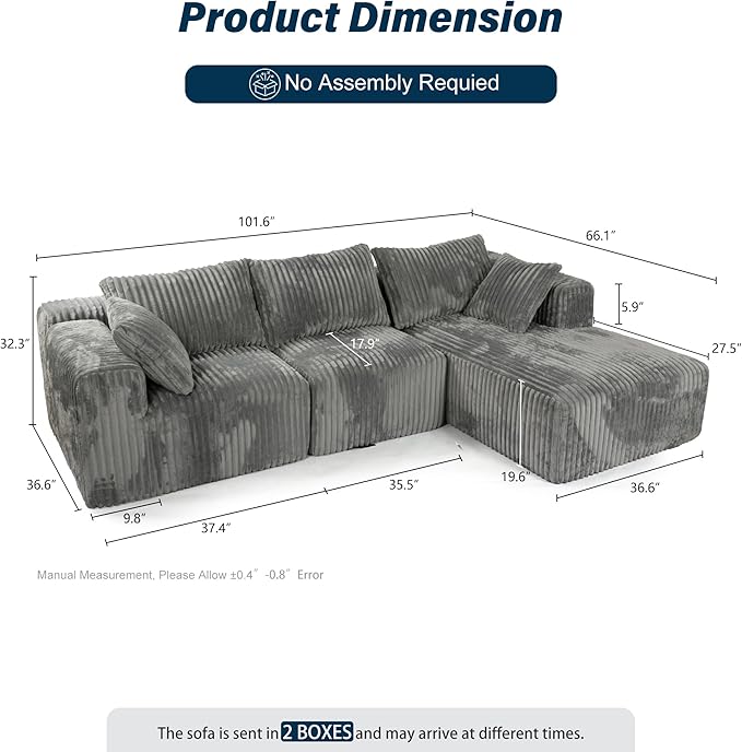 3 Seater L Shaped Sofa with Deep Seat, 101" Cloud Sectional Couch with Chaise, Cozy Modular Couches Sleeper, Oversized Corduroy Sofa for Living Room Bedroom Apartment, Pale Gray