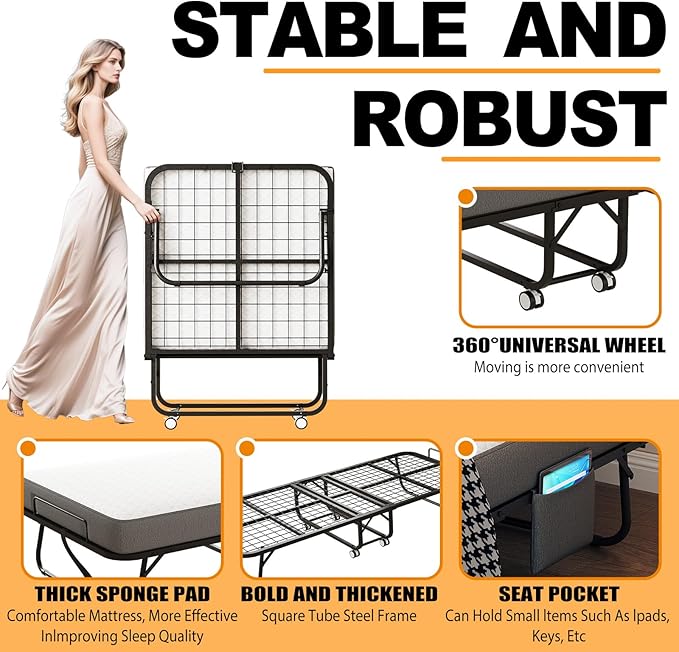 Folding Bed with Mattress, 75" x 31" Rollaway Bed with Memory Foam Mattress for Adults, Portable Foldable Guest Bed with Metal Frame, Luxury Single Bed for Home& Office Space Saving