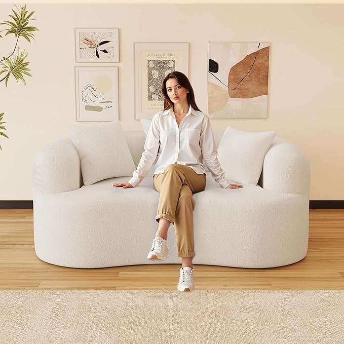 69" Curved Loveseat Sofa for Living Room, Modern Chenille Love Seat Cloud Couch, Luxury Plush Extra Deep Oversized Sofa for Small Spaces, Bedroom, Apartment‌, No Assembly Required, Cream White
