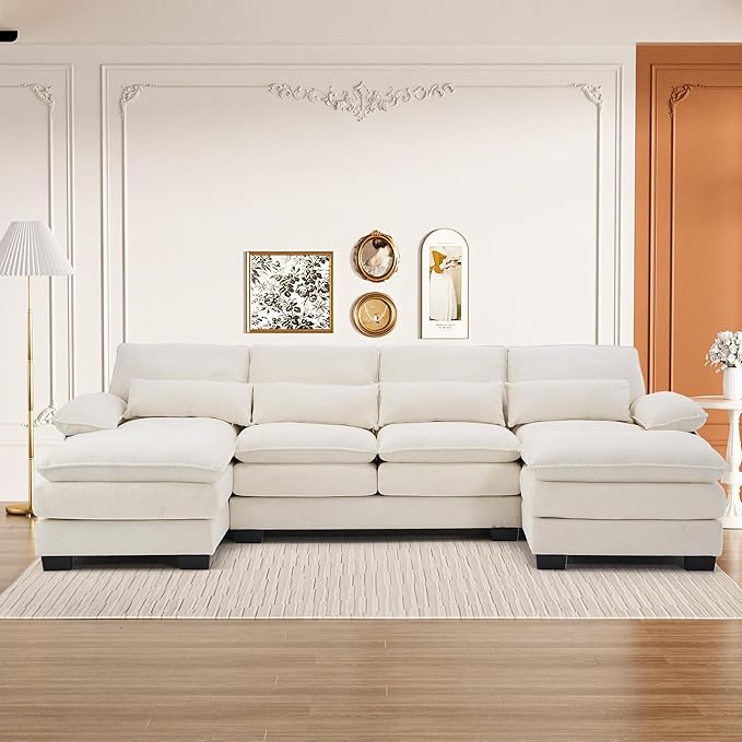 113" Cloud Couch Sectional Modular Sofa U Shaped Sectional Couches for Living Room Comfy 5-Seater Deep Seat Couch Chenille Cloud Sectional Sofa with Movable Ottoman & 4 Pillows, Cream White