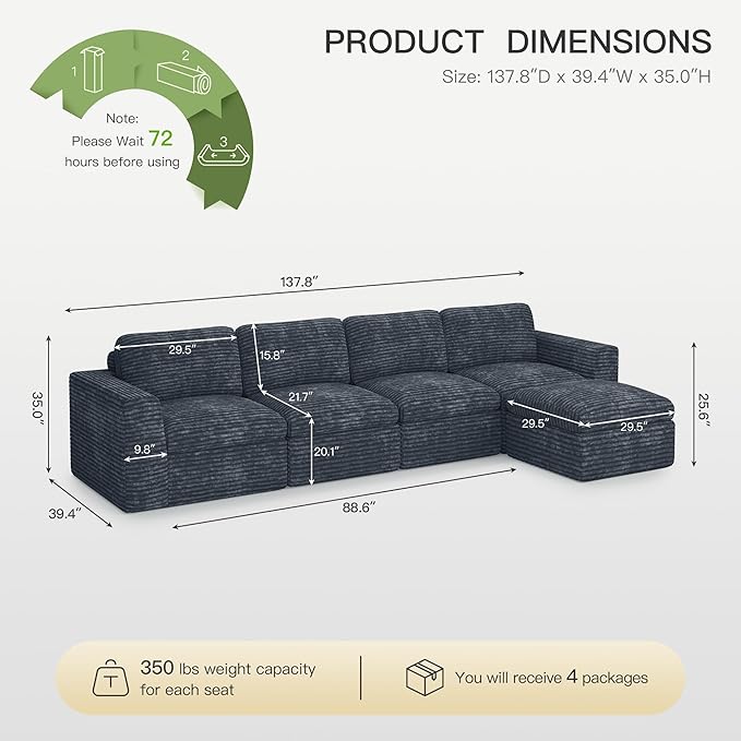 Boneless Sectional Cloud Couch with Deep Seat Plush Corduroy Modular Sectional Sofa Convertible L Shaped Couches for Living Room. Grey Sofa.