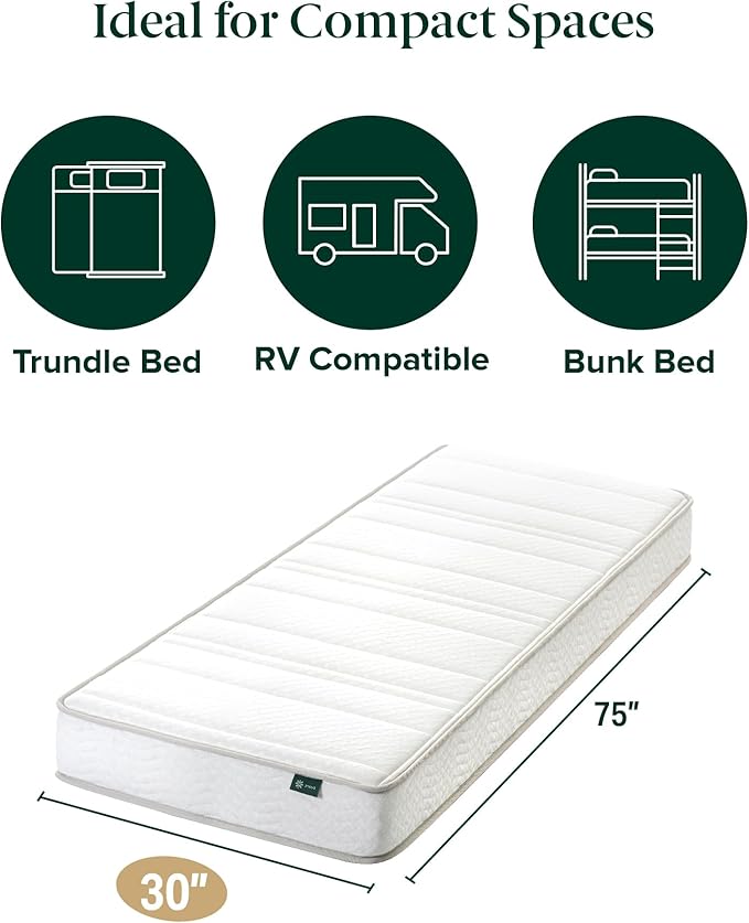 Zinus Narrow Twin Mattress (30” Wide x 75” Long), 6 Inch Foam & Spring Hybrid Mattress for Bunk Beds, Trundles, RVs & Compact Spaces, Medium Firm Feel, CertiPUR-US Certified