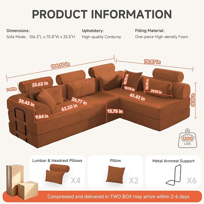 106" L-Shaped Boneless Sectional Couch, 2-Piece 70.87" Modules, Converts to 141.7" Extra-Long Straight Sofa, Corduroy Couch in a Box with Headrest & Back Pillows for Living Room, Orange