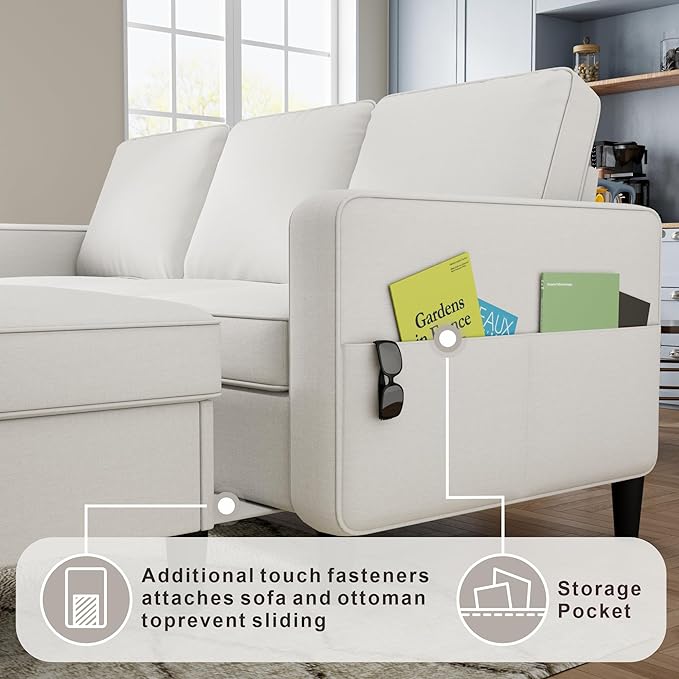 Sectional Sofa and Couches for Living Room, 78'' Beige 3 Seat L-Shaped Couch with Movable Ottoman, Comfy Linen Convertible Sectionals Sofas with Chaise for Apartment, Dorm, Small Space