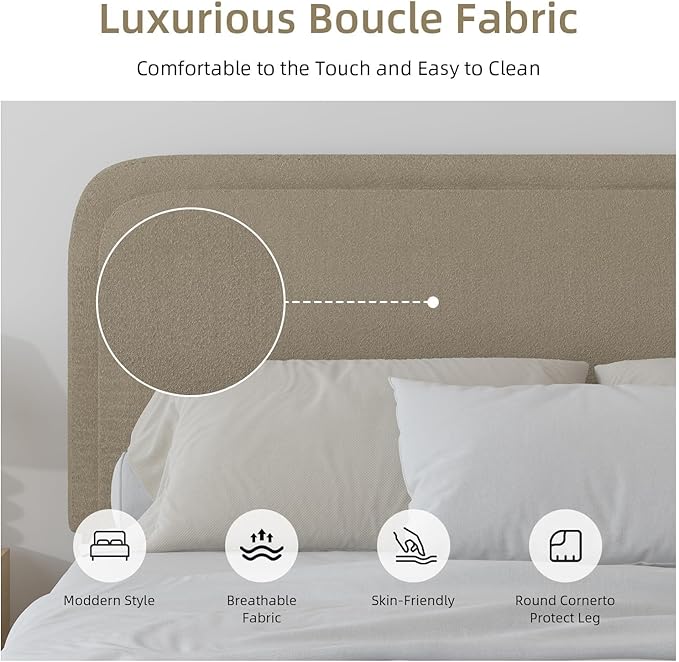 BarnFurin Twin Bed Frames with Headboard,Cloud Boucle Upholstered Platform Bed, Soft Rounded Corners, No Box Spring Needed, Non-Slip and Noise-Free, Easy Assembly, Beige