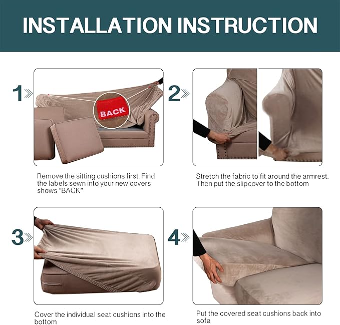 FantasDecor 4 Piece Sofa Velvet Couch Covers for 3 Cushion Stretch Slipcover with Individual Seat Cushion Elastic Furniture Protector for Pets, Machine Washable (Sofa, Taupe)