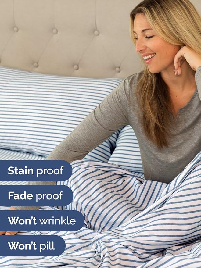 Extra Deep Cal King Sheet Set - 6 Piece Breathable and Cooling Sheets - Hotel Luxury Bedding for Women, Men, Kids & Teens - Easy Secure Fit - Soft & Wrinkle Free - Extra Deep Pockets - Blue Stripes