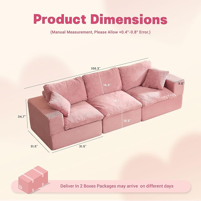 106.3” Sectional Couches for Living Room, Set of Cloud Couch, Modular Sectional Sofa, Convertible Sofas Bed, Deep Seat Sofa, Corduroy, Pink