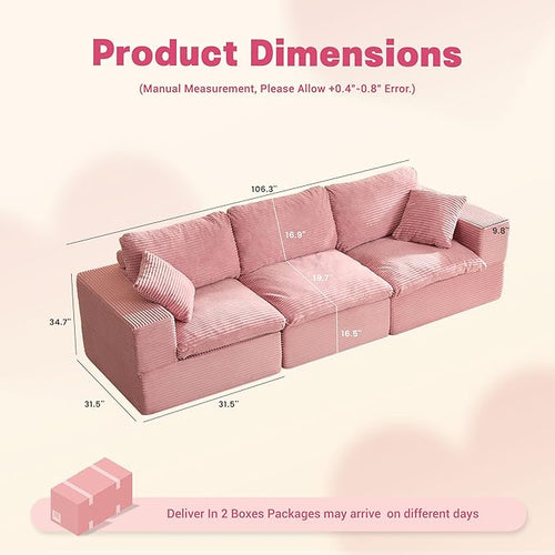 106.3” Sectional Couches for Living Room, Set of Cloud Couch, Modular Sectional Sofa, Convertible Sofas Bed, Deep Seat Sofa, Corduroy, Pink