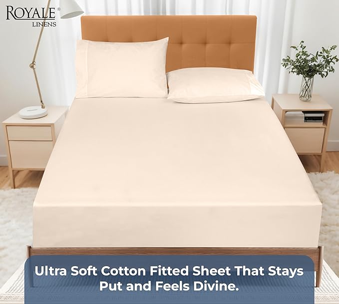 Royale Linens 100% Organic Cotton Fitted Sheet - Percale Weave - Super Soft Deep Pocket Bottom Sheets - White Elastic Sheet Full Size - Full Fitted Sheets Only - (54"x75"+15", Cream)