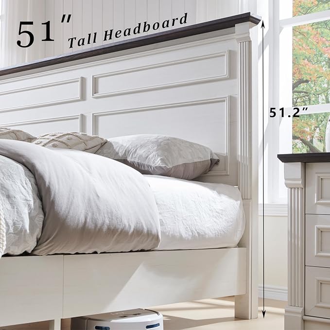 Aitjunz Farmhouse King Size Bed Frame with 51" Tall Headboard, Wood Platform Bed Frame with 20" Tall Roman Column Decoration Footboard & 3 Large Storage Drawers, No Box Spring Needed (White)