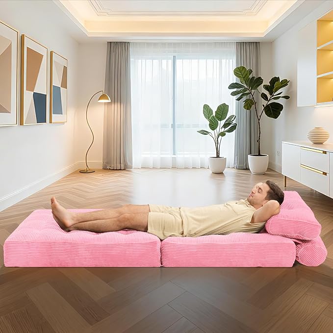 HABUTWAY Folding Sofa Bed, Convertible Sleeper Chair Bed w/Dual-Pillow & Handle, Foldable Floor Sofa Lounge w/Back Support for Living Room, Bedroom, Apartment, Office, Single, Pink